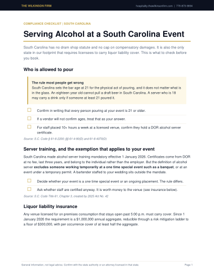Cover of Serving Alcohol at a South Carolina Event